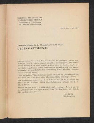 Vorläufiger Lehrplan für die Oberschulen 9. bis 12. Klasse Gegenwartskunde