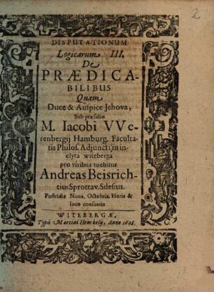 Disputationum Logicarum III. De Praedicabilibus