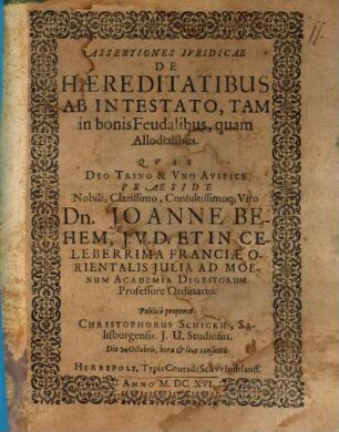 Assertiones iuridicae de haereditatibus ab intestato, tam in bonis feudalibus quam allodialibus