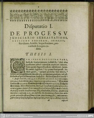 Disputatio I. De Progressu Judiciario Subhastatione, Cessione Bonorum, Injuriis, Revisione, Arrestis, Sequestratione, protracta & denegata justitia