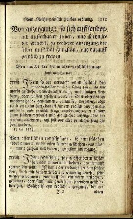Von anzeygung: so sich auff sonderlich missethaten ziehen, und ist eyn jeder Artickel, zu redlicher anzeygung der selben missethat gnugsam, und darauff peinlich zu fragen.