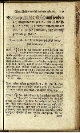 Von anzeygung: so sich auff sonderlich missethaten ziehen, und ist eyn jeder Artickel, zu redlicher anzeygung der selben missethat gnugsam, und darauff peinlich zu fragen.