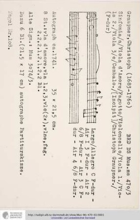 Sinfonia / a / Viola d'Amore / Fagotto / Violoncello / Viola 1. / Viola 2. / Viola 3 / e / Cembalo. / [Incipit] / Christoph Graupner.