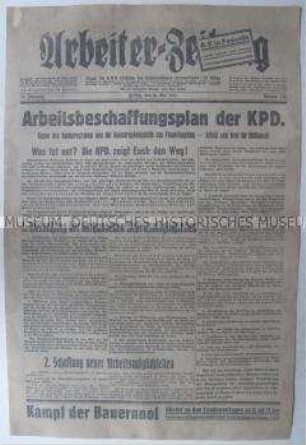 Titelblatt der regionalen kommunistischen "Arbeiter-Zeitung" zum Arbeitsbeschaffungsplan der KPD
