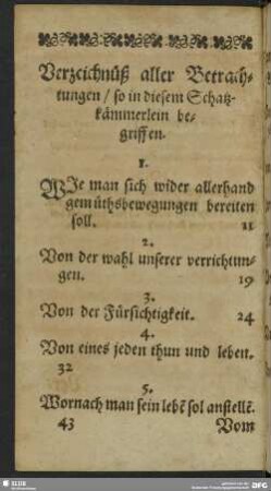 Verzeichnüß aller Betrachtungen, so in diesem, Schatzkämmerlein begriffen