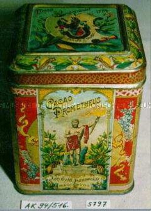 Blechdose für "CACAO PROMETHEUS Joh. Gottl. Hauswaldt, MAGDEBURG"