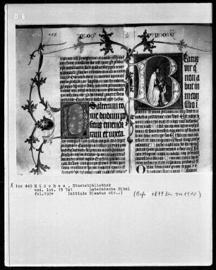 Lateinische Bibel — Initiale B (eatus vir) mit David als Psalmist, Folio 192verso