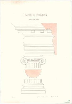 Fischer, Theodor; Studienarbeiten - Gesims u. Säulenbasis der Ionischen Ordnung - nach Paladio (Detail m. Schnitt, Schnitt, Ansicht)