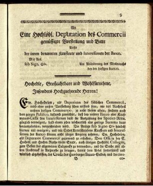 An Eine Hochlöbl. Deputation des Commercii gemüssigte Vorstellung und Bitte ...