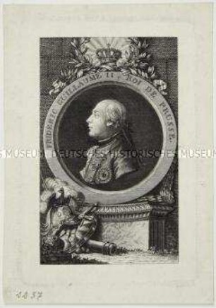 Profilbildnis Friedrichs Wilhelm II. von Preußen im Rundmedaillon mit allegorischem Beiwerk