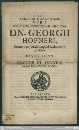 Ad exequias Georgii Höpneri invitat rector et senatus acad. Regiom.