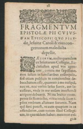 Fragmentum Epistolae Pii Cuiusdam Episcopi: Quo Pseudo Iesuitae Caroli & eius congerronum maledicta depellit.