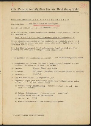 Königliches Hoftheater großes Haus, Stuttgart: Fragebogen für das Handbuch »Das Deutsche Theater«, vierseitiges Dokument