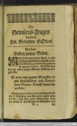 Die Gewißens-Fragen bey denen Heil. Gebothen Gottes