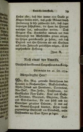 Noch etwas von Amerika. Bittschrift des General-Congresses an den König