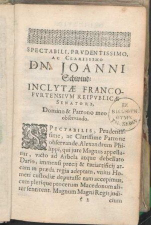 Spectabili, Prvdentissimo, Ac Clarissimo Dn. Joanni Schwind: ..