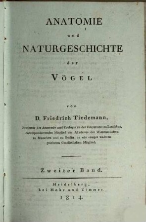 Zoologie : zu seinen Vorlesungen entworfen, 3. Anatomie und Naturgeschichte der Vögel