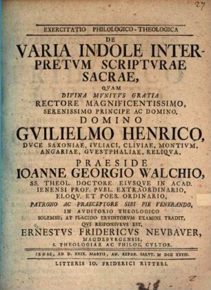 Exercitatio philologico-theologica de varia indole interpretum Scripturae S.
