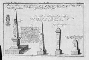 Postmeilensäulen : Sachsen, Postmeilensäulen, Kupferstich, 1726. Aus: Carl Christian Schramm, Von denen Wege-Weisern, Armen- und Meilen-Säulen, Wittenberg, 1726, Abb. S. 200