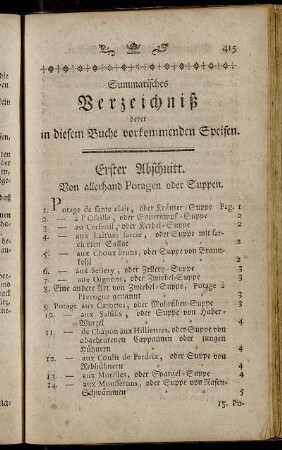 Summarisches Verzeichniß derer in diesem Buche vorkommenden Speisen