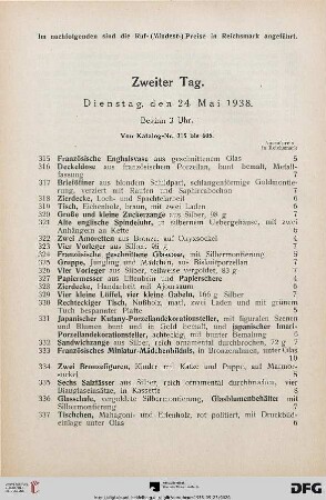 Zweiter Tag: Dienstag, den 24. Mai 1938, Beginn 3 Uhr (Nr. 315-605)