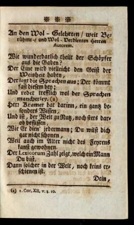 An den Wol-Gelehrten / weit Berühmt- / und Wol-Verdienten Herren Autorem