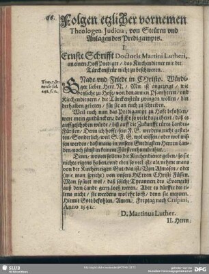 Folgen etzlicher vornemen Theologen Judicia, von Steuren und Anlagen des Predigampts