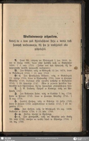 Wukładowanje pißmikow, kotrež tu a tam pod khjerluschemi steja a mena tych ßamych wosnamenja, kiž ßu je wudżjełali abo pschełožili