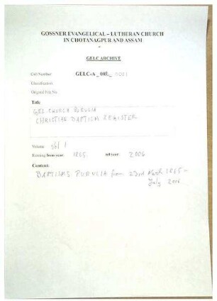 PURULIA BAPTISM REGISTER