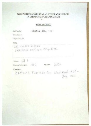PURULIA BAPTISM REGISTER