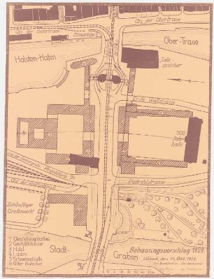 Straßenzug zwischen Holsten- und Puppenbrücke, Lübeck: Konstruktionslinien für den Freiraumentwurf auf Lichpause eines Bebauungsvorschlags für den Stadtraum zwischen Holsten- und Puppenbrücke im Grundriss 1:500, Maßstabsleiste, Legende