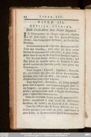 Article Premier. Ecole d'instruction dans chaque Régiment.
