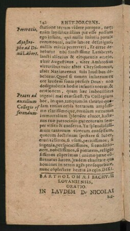 Bartholomaei Bachusii Lovaniensis, Oratio. In Laudem D. Nicolai
