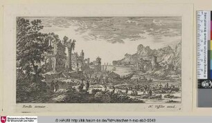 [Ein Hafen, links ein großer Baum und Tempelruinen, eine Werft im linken Vordergrund; A port, large tree and ruined temple left, shipyard in right foreground]