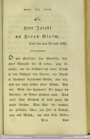 41. Herr Jacobi an Herrn Gleim. Halle den 2ten Decemb. 1767
