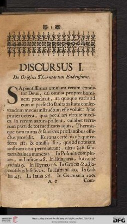 Discursus I: De Origine Thermarum Badensium