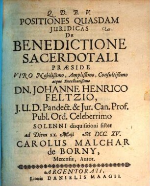 Positiones Quasdam Juridicas De Benedictione Sacerdotali