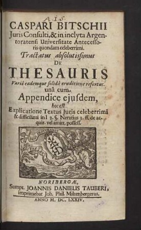 Caspari Bitschii... Tractatus absolutissimus De Thesauris : Variâ eademque solidâ eruditione refertus