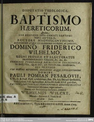 Disputatio Theologica De Baptismo Haereticorum