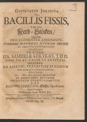 Disputatio Iuridica De Bacillis Fissis, Vulgo Kerb-Stöcken