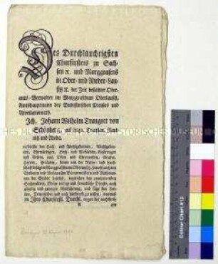 Patent von Friedrich August III. Kurfürst von Sachsen betreffend Gerichtsausübung sowie Beamten- und Advokatenbestellung im Markgrafentum Oberlausitz
