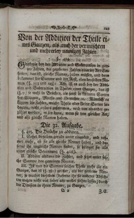 Von der Addition der Theile eines Ganzen, als auch der vermischten und mehrerley namigen Zahlen.