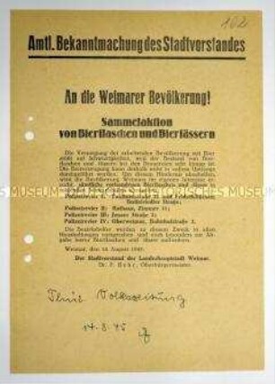 Amtliche Bekanntmachung des Stadtvorstandes von Weimar zu einer Sammelaktion von Bierflaschen und -fässern