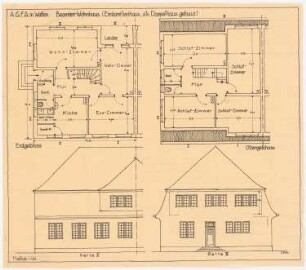 Doppelhaushälfte als Beamtenwohnhaus für A.G.F.A., Wolfen: Grundrisse EG, OG und 2 Ansichten 1:100