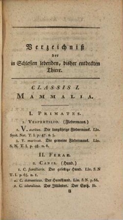 Geographische, naturhistorische und technologische Beschreibung des souverainen Herzogthums Schlesien, 10. Verzeichniß der bisher entdeckten, in Schlesien lebenden Thiere