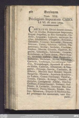 Num. XXII. Privilegium Imperatoris Caroli VI. de anno 1730.