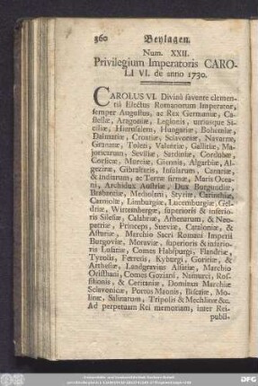 Num. XXII. Privilegium Imperatoris Caroli VI. de anno 1730.