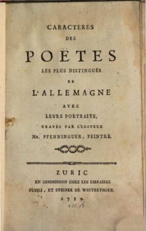 Caracteres des poëtes les plus distingués de l'Allemagne avec leurs portraits