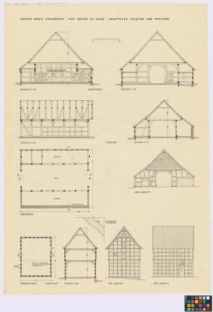 Vehrte (Kreis Osnabrück): Hof Meyer Zu Hage. - Haupthaus (Querschnitt A-B, Querschnitt C-D). - Scheune (Längsschnitt A-B, Querschnitt C-D, Grundriss, Giebel-Ansicht). - Speicher (Grundriss des Erdgeschosses, Querschnitt A-B, Ost-Giebel-Ansicht, Süd-Seiten-Ansicht). - Kopfbänder im Speicher (Ansicht)