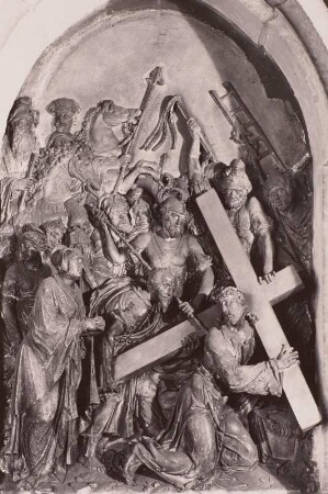 Dresden-Löbtau, Friedenskirche, Inneres, Altar-Relief "Kreuztragung Christi", 1601/1650, ehemals Sophienkirche